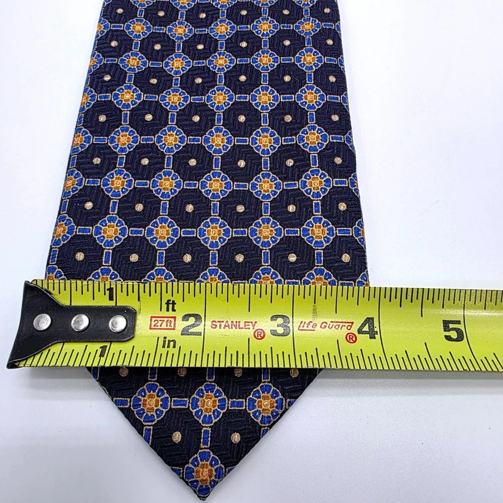 Wartsila Melissa Group Navy Blue Gold Silk Geometric Medallion Tie Made in Italy